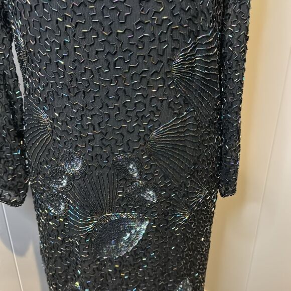 Stunning vintage beaded sequin black plung draped back neckline panel hem midi - Picture 4 of 13